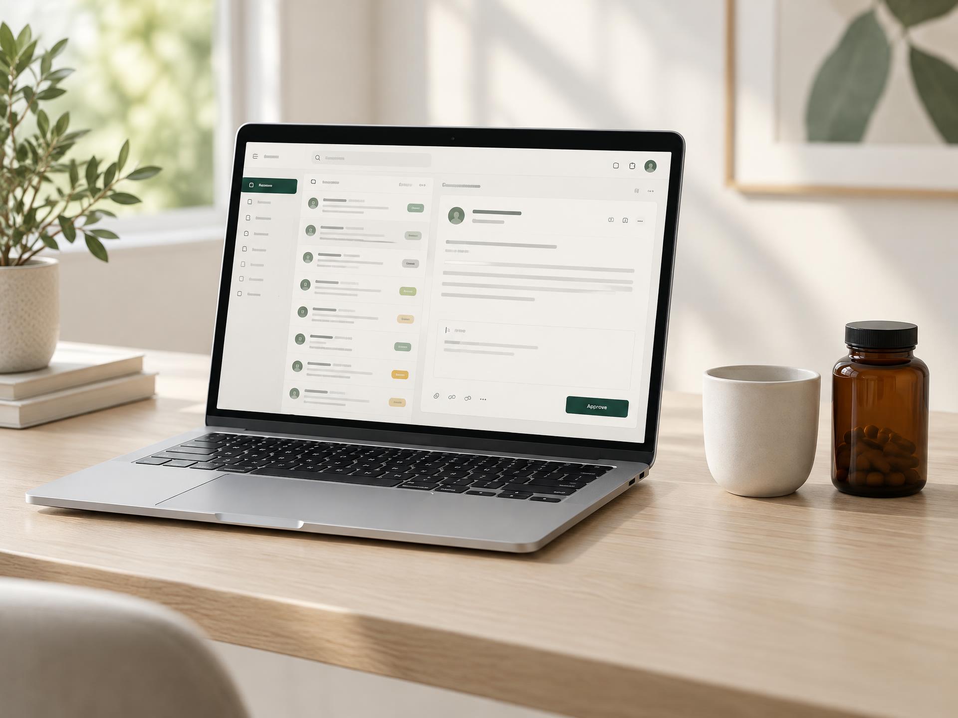 Laptop on a light desk showing a customer-service inbox with a drafted reply waiting for approval