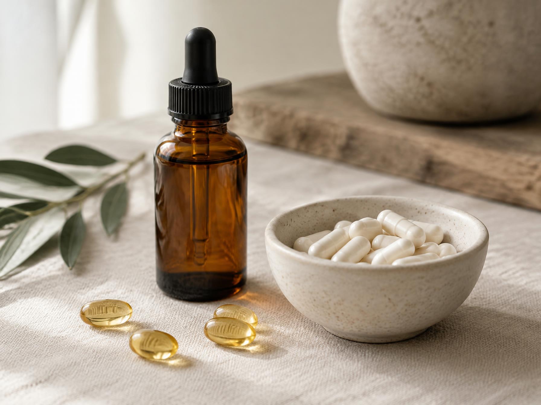 Supplement dropper bottle, capsules and softgels on a neutral linen surface