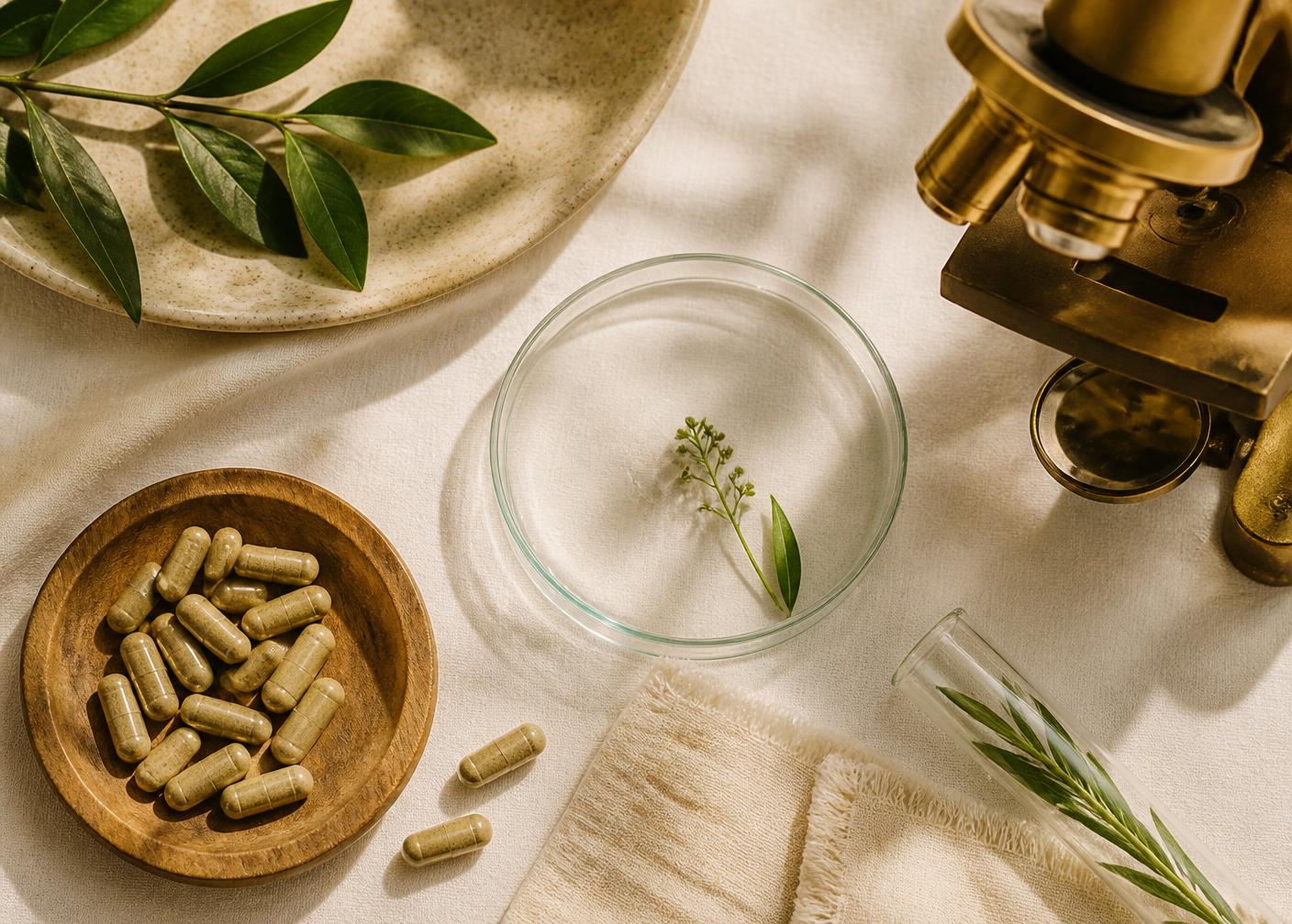 Natural capsules, botanical leaves and a glass petri dish on cream linen