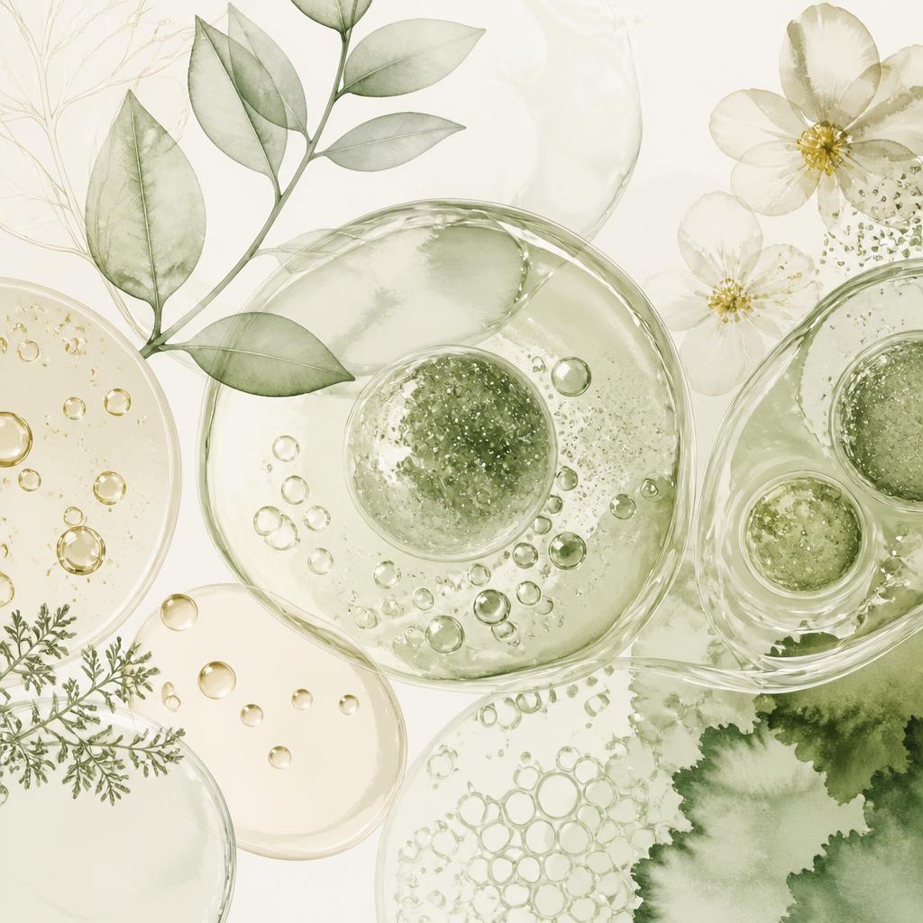 Soft watercolor illustration of cells and botanical extracts merging