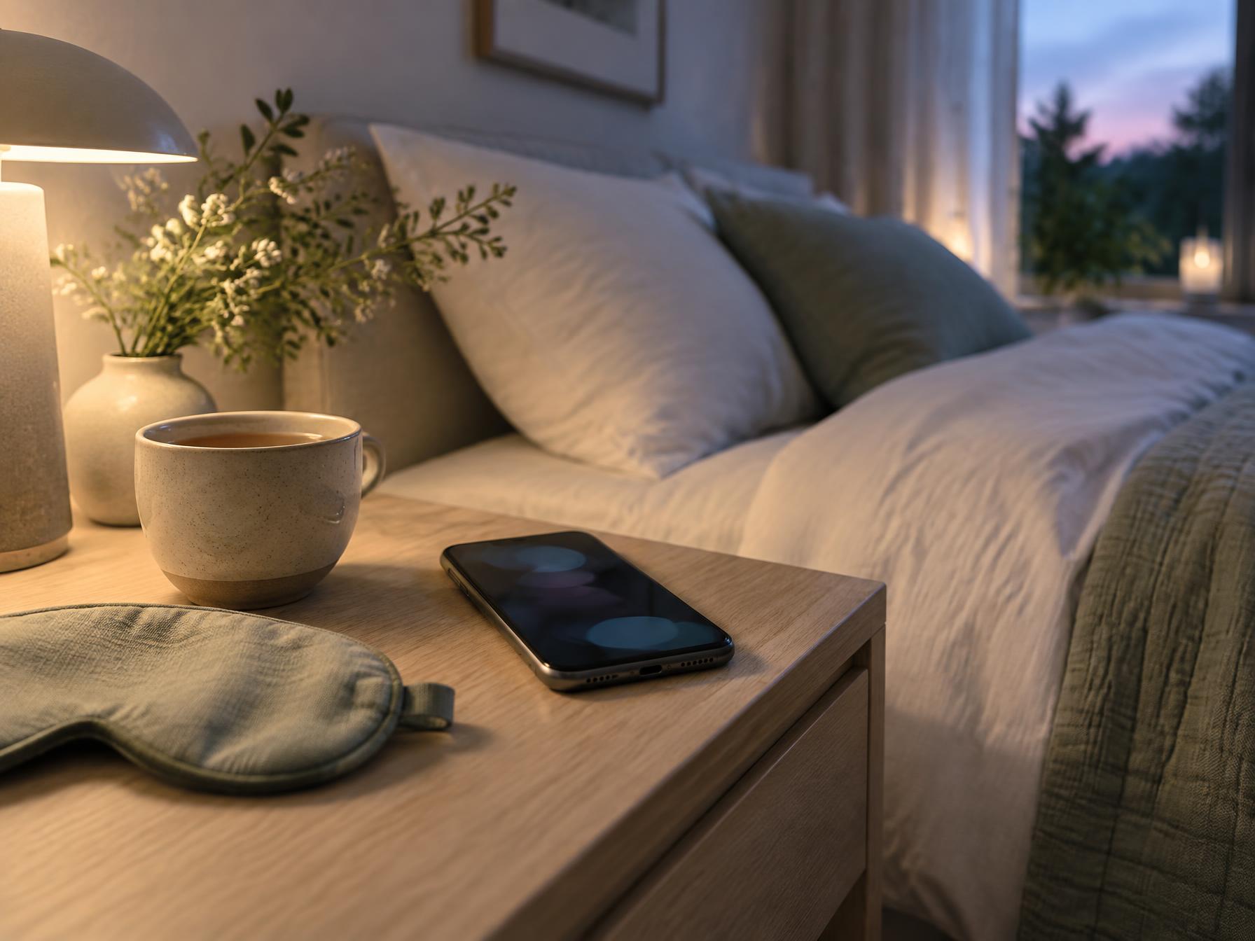 Smartphone on a bedside table next to a cup of tea and a linen sleep mask in evening light