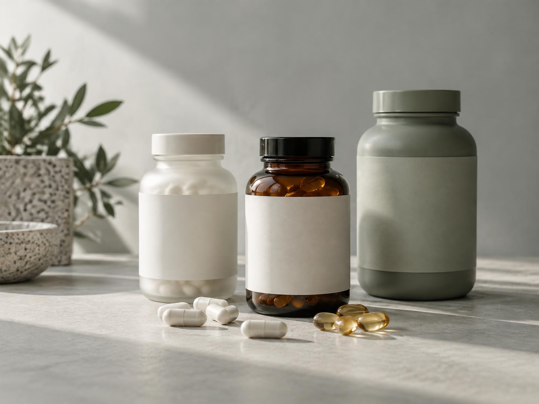 Three unlabelled supplement bottles with capsules and softgels on a pale stone surface